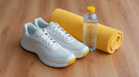 A stylish set featuring fresh white athletic shoes, a water bottle, and a yellow towel, ideal for workouts or casual outings on a smooth wooden floor.の素材
