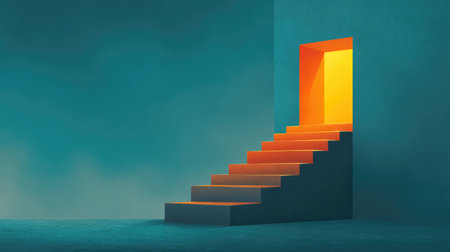 A surreal image featuring a staircase leading to a bright orange doorway. The captivating blue backdrop enhances the atmosphere of curiosity and wonder. Perfect for artistic projects.の素材