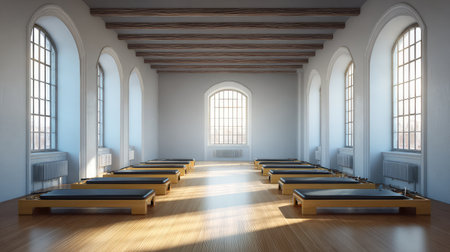Experience a tranquil Pilates studio filled with natural light and elegant wooden beams, designed for mindful practice and promoting wellness in a serene environment.の素材