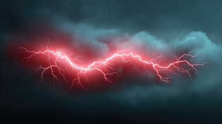 A spectacular view of red lightning illuminating a dark stormy sky, capturing the raw energy and beauty of nature in a breathtaking moment of atmospheric intensity.の素材