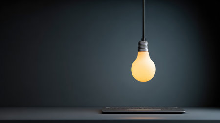 A solitary light bulb hangs gracefully over a dark surface, creating a serene and minimalist ambiance ideal for modern design themes and artistic inspiration.の素材