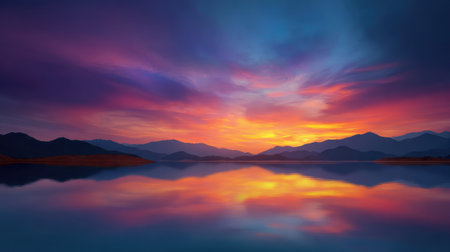 A stunning sunset casts vivid colors over a tranquil lake, reflecting the vibrant sky and majestic mountains, creating a peaceful and serene atmosphere in nature.の素材