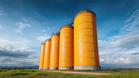A stunning view of vibrant orange silos standing tall against a dramatic blue sky filled with clouds, showcasing modern storage solutions in a rural agricultural setting.の素材