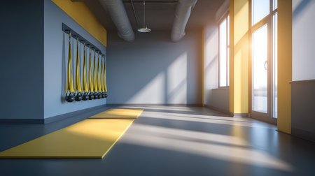 Bright and modern fitness studio featuring suspension training equipment and ample natural light, creating an invigorating space for various workout routines and active lifestyles.の素材