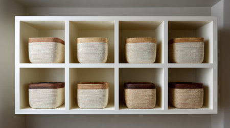 A collection of stylish woven baskets arranged neatly on a minimalist white shelf, showcasing a blend of natural materials and modern design ideal for home organization and decor.の素材