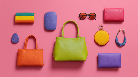 Vibrant display of fashionable handbags and accessories arranged artistically on a pink background, perfect for showcasing spring and summer trends in modern women's fashion.の素材