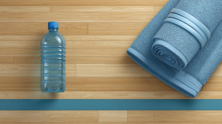 A clear water bottle alongside a soft gym towel is arranged on a wooden floor, capturing the essence of hydration and fitness for health-focused themes.の素材
