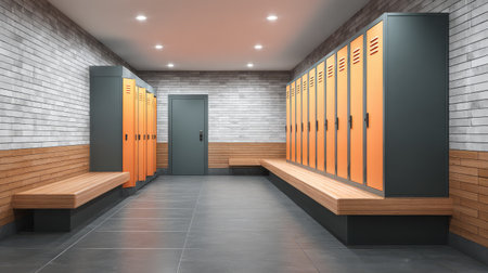 A bright and spacious locker room showcasing modern orange lockers and wooden benches, ideal for fitness facilities looking to enhance their changing area ambiance.の素材