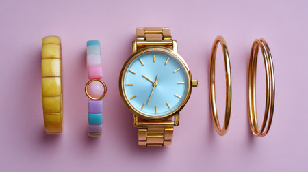 A stunning arrangement of a gold watch complemented by colorful bracelets and elegant bangles, set against a soft pink backdrop, perfect for fashion enthusiasts and accessory lovers.の素材