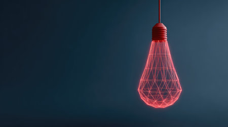 Stunning image of a modern light bulb design featuring geometric lines and a vibrant red glow, perfect for artistic, creative, or interior design projects.の素材