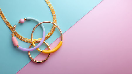 A visually appealing composition featuring stylish jewelry against a pastel backdrop, perfect for fashion and lifestyle themes in photography and design projects.の素材