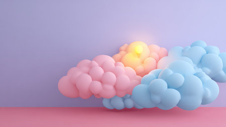 This image features soft pastel clouds in pink and blue, illuminated with gentle light against a calming background, perfect for creating a peaceful and dreamy atmosphere.の素材