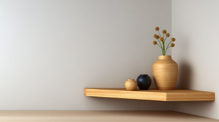 A stylish wooden shelf features three decorative vases, adding a touch of elegance to a minimalist interior. Perfect for home decor ideas and inspiration in contemporary design.の素材