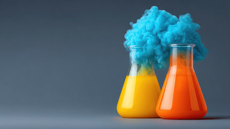 Colorful smoke billows from glass beakers filled with vibrant liquids in a laboratory setup, creating a striking visual effect against a simplistic gray backdrop.の素材