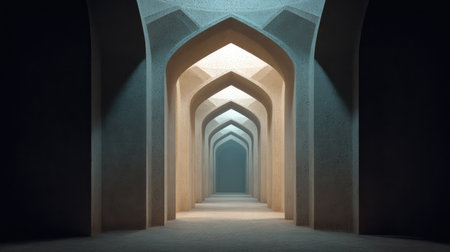 A captivating passageway featuring intricate arch details, softly illuminated by light, creating a tranquil and minimalist ambiance for artistic and architectural exploration.の素材