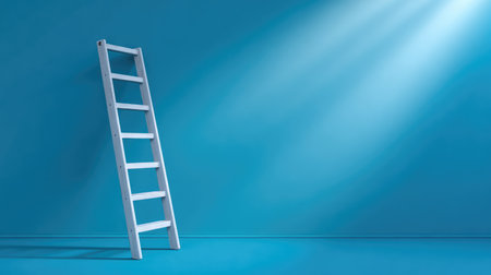 This image features a white ladder against a striking blue background, bathed in soft sunlight, evoking a sense of calm and inspiration for various creative projects.の素材