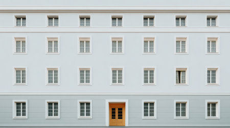 A striking minimalist building facade featuring multiple windows and a single orange door, capturing a clean and modern aesthetic set in an urban landscape.の素材