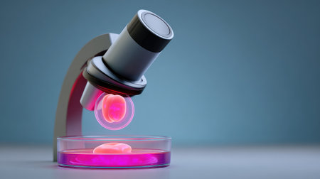 A striking image of a modern microscope observing a biological sample in a petri dish, emphasizing scientific exploration and advancements in laboratory technology for research purposes.の素材