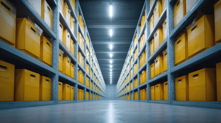 A spacious warehouse showcasing meticulously arranged yellow storage boxes on metal shelves, illuminated by bright LED lights, emphasizing efficiency and organization in storage solutions.の素材