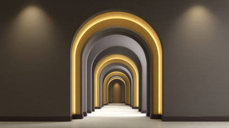 A modern architectural interior featuring symmetrical arches illuminated with soft ambient lighting, creating a serene and elegant atmosphere in a minimalist space.の素材