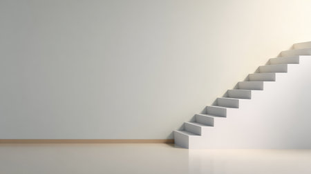 This image features a modern minimalist staircase against a bright white wall and floor, creating an elegant and serene atmosphere ideal for interior design inspirations.の素材