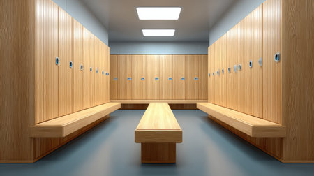 Spacious locker room with wooden lockers and benches, designed for comfort and privacy, featuring bright lighting and a contemporary aesthetic ideal for fitness and wellness facilities.の素材