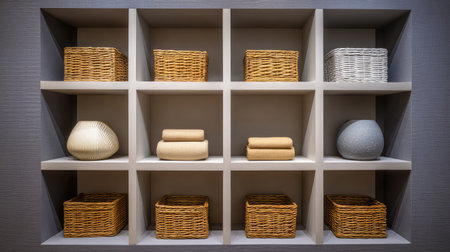 Stylish arrangement of baskets and decorative pieces on a modern shelf, creating an organized and aesthetic atmosphere for home decor and storage efficiency.の素材