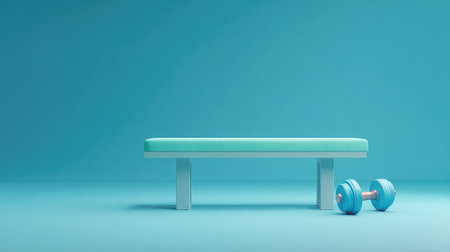 A minimalistic fitness setup showcases a green workout bench and a dumbbell, perfect for home gyms or personal training. Ideal for promoting an active lifestyle.の素材