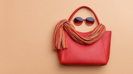 A vibrant red handbag adorned with a stylish scarf and chic sunglasses, all elegantly placed on a soft beige background, showcasing modern fashion essentials for every stylish individual.の素材