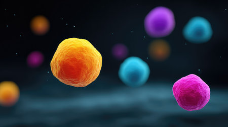 Vibrant and colorful cells are depicted in a dynamic 3D environment, showcasing the richness of microscopic life against a dark and abstract backdrop.の素材
