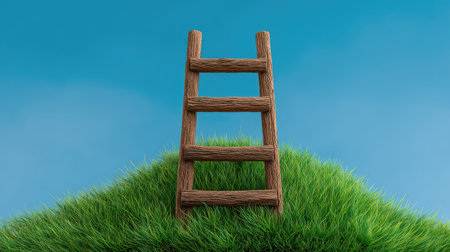 A solitary wooden ladder rests atop a lush green hill, set against a bright blue sky, symbolizing aspirations, growth, and the journey towards achieving dreams and goals in life.の素材
