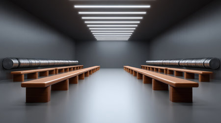 A sleek and modern gym interior showcasing wooden benches and weights, designed to create an inspiring and spacious workout environment for fitness enthusiasts.の素材