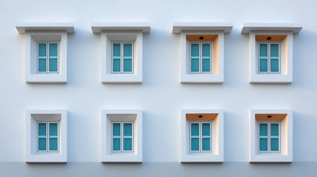 A striking image showcasing a series of nine symmetrical windows against a pristine wall, emphasizing minimalist design and modern architecture with a fresh color palette.の素材