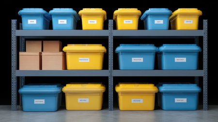 Organized shelving unit featuring colorful storage bins for various items, perfect for home or office environments. A practical solution for decluttering and efficient space management.の素材