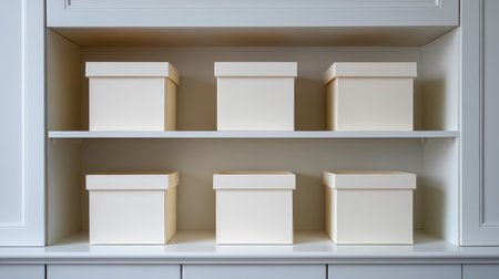 A sleek arrangement of neutral storage boxes on a modern shelving unit, offering an ideal solution for maintaining organization and complementing contemporary spaces effortlessly.の素材