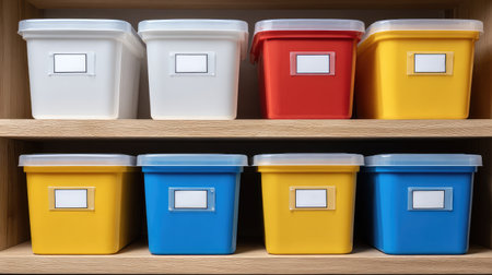 Brightly colored storage bins neatly arranged on shelving, ideal for home or office organization. Perfect for decluttering spaces while adding a splash of color.の素材