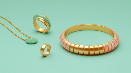 This image showcases a stylish jewelry collection, including rings, bangles, and necklaces, set against a soft mint backdrop, perfect for highlighting elegance and modern design.の素材