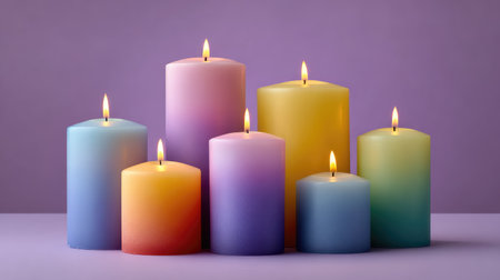 A visually appealing collection of colorful candles with gentle flames, creating a serene atmosphere. Perfect for relaxation, decoration, or enhancing the mood in various settings.の素材