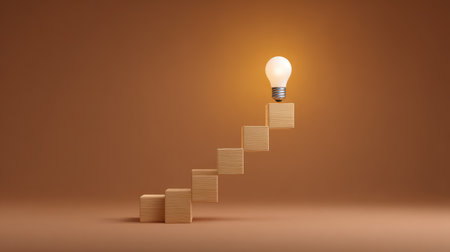 A captivating image depicting wooden blocks arranged as steps leading to a glowing light bulb, representing innovation, creativity, and the idea of progress in a simplistic setting.の素材