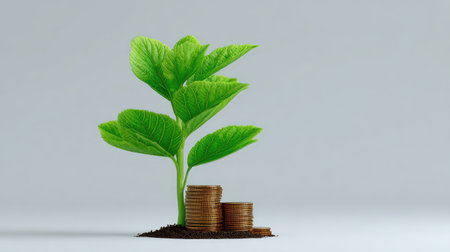 A vibrant green plant emerges from the soil next to stacked coins, symbolizing growth and investment in sustainable practices, highlighting the importance of eco-friendly finance.の素材