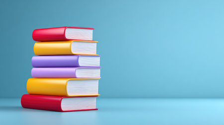 A vibrant stack of colorful books rests on a smooth blue surface, perfect for representing education, creativity, and the joy of reading in a modern and playful design.の素材
