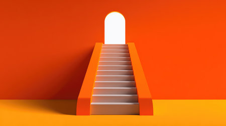 A modern staircase leads to a bright open door, set against a vibrant orange wall. This artistic representation evokes feelings of opportunity, ascent, and contemporary design.の素材