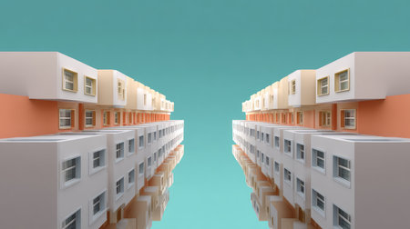 This image features modern residential buildings in an abstract style, showcasing a symmetrical perspective with reflections, creating a serene and tranquil atmosphere.の素材