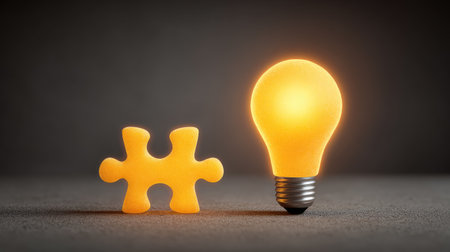 A glowing yellow light bulb beside a bright yellow puzzle piece on a dark background, representing creativity, ideas, and innovative solutions in a minimalistic and impactful way.の素材