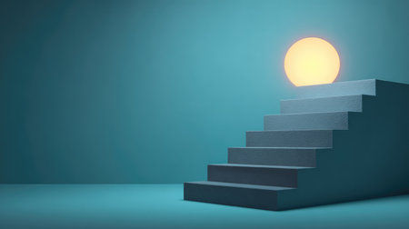A minimalist staircase bathed in warm light against a tranquil blue backdrop, embodying themes of ambition and serenity in a contemporary artistic space.の素材