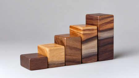 Five wooden blocks arranged in ascending order symbolize growth and progress, perfect for presentations, educational materials, and corporate marketing strategies.の素材