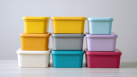 A vibrant arrangement of plastic storage containers in various colors showcasing organization and modern design, perfect for enhancing any kitchen or living space.の素材