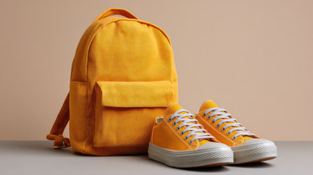 A vibrant yellow backpack paired with stylish sneakers creates a youthful and trendy look perfect for casual outings or summer adventures, showcasing modern fashion choices.の素材