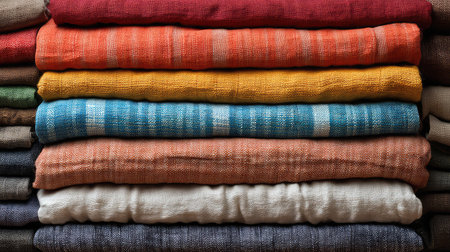 A vibrant arrangement of stacked fabrics in various colors and textures, ideal for home decoration, fashion projects, or creative artistic expressions. Explore these soft materials.の素材