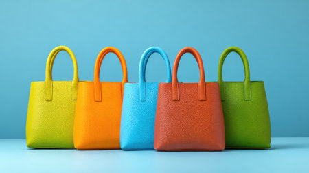 A striking arrangement of colorful handbags against a soothing blue background, perfect for showcasing stylish fashion accessories and modern design trends.の素材